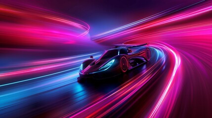 A sleek supercar races at high speed, leaving a trail of vibrant neon lights in a dynamic, futuristic setting. - 747843193