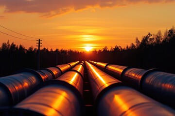 The sun casts a warm glow over an industrial oil pipeline line as it sets on the horizon, Silhouette of industrial pipelines against a sunset, AI Generated
