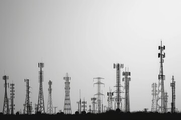 Obraz premium A Black and White Photo of Multiple Cell Towers Against a Cloudy Sky, Silhouettes of antenna towers against a bare gray background, AI Generated