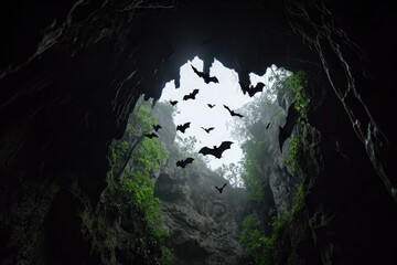 A large group of bats emerging from a dark cave in the evening, flying together into the dusk sky, Silhouettes of bats flying out from a dark, eerie cave, AI Generated