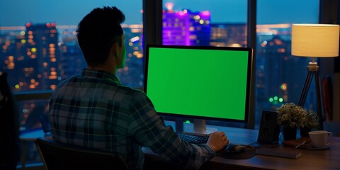 Young Man Sitting at His Desk Using Desktop Computer with Mock-up Green Screen.