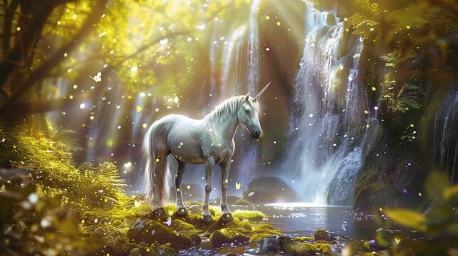 A majestic unicorn stands by a glistening forest waterfall, basking in the golden light filtering through the trees in this enchanting, mythical scene. © doraclub