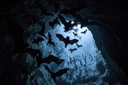 A large group of bats flying out of a dark cave, creating an impressive spectacle, Silhouettes of bats flying out from a dark, eerie cave, AI Generated