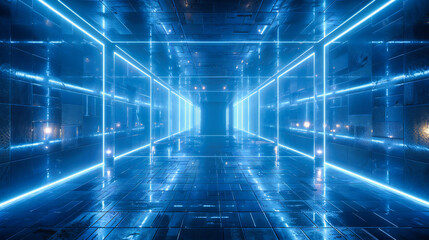 Bright Futuristic Room, Neon Blue Design, Modern Technology and Science Concept, Abstract Illuminated Space
