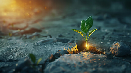 Picture a seedling, glowing with inner light, breaking through concrete, symbolizing breakthrough ideas overcoming obstacles.