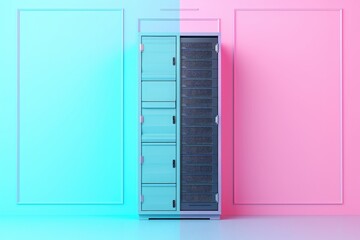 A server is positioned in front of a brightly colored pink and blue wall in a secure data center, Simplistic server rack on a pastel background, AI Generated