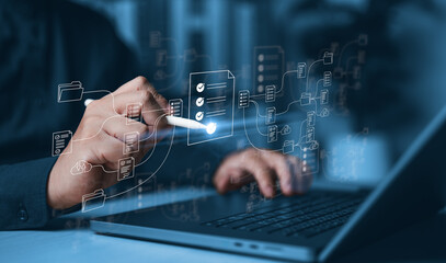Document Management System, DMS with online file folder and cloud server icons. Man uses a pen to...