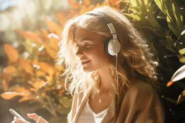 Smiling woman enjoys music on headphones outdoors. Leisure and technology. - obrazy, fototapety, plakaty