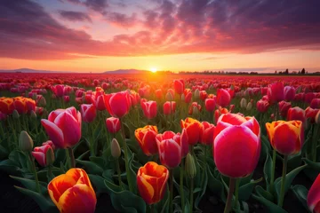 Fensteraufkleber Vibrant tulip field at sunset, colorful spring floral landscape. Seasonal natural beauty. © Postproduction