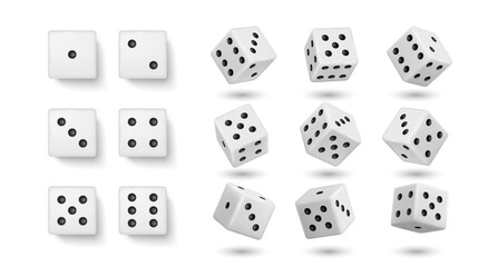White gambling dices realistic vector illustration set. Cubes with dot numbers on sides 3d elements on white background. Casino game