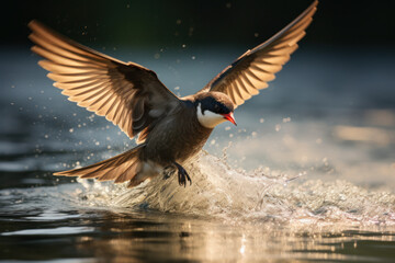 Bird taking off from water surface with splashes. Wildlife in action. - Powered by Adobe