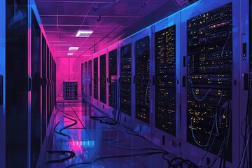 A long hallway featuring a multitude of large windows and visible wire installations, Single-color depiction of a tech server room, AI Generated