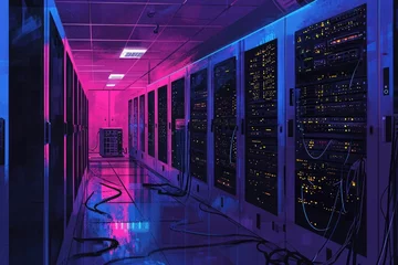 Foto op Canvas A long hallway featuring a multitude of large windows and visible wire installations, Single-color depiction of a tech server room, AI Generated © Iftikhar alam