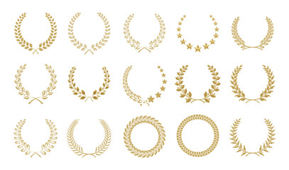 Golden champion laurel wreaths flat color illustration set. Victory trophy garland element icons on white background. Success in business emblems