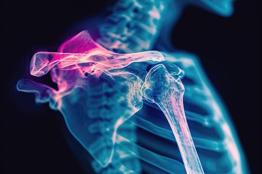 This x-ray image depicts a detailed view of a human skeleton, highlighting the intricate anatomy and bone structure, Skeletal view of a human's scapula through 3D X-ray, AI Generated