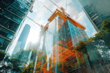 A towering building with a construction crane positioned on its rooftop overlooks the bustling city below, Skyscraper construction in future world seen in a double exposure effect, AI Generated - obrazy, fototapety, plakaty