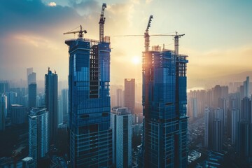 A photo of a group of tall buildings, each with cranes on top, showcasing ongoing construction projects, Skyscraper under construction in the future with a layered skyline backdrop, AI Generated