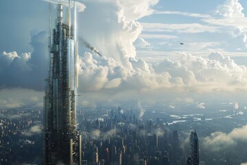 A towering skyscraper dominates the cityscape as it reaches towards the cloudy sky, Skyscraper under construction in the future with a layered skyline backdrop, AI Generated