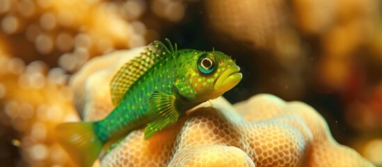 A small green fish, known as a goby, perches on top of a coral structure, showcasing its vibrant color against the reef backdrop near Lanai, Hawaii.