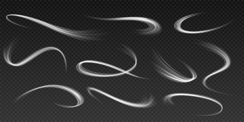 Bright light lines realistic vector illustration set. Abstract moving neon traces 3d elements on black background. Physic effect template