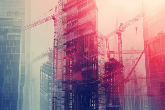 This photo captures a busy city center with a prominent building surrounded by numerous construction cranes, Skyscraper construction in future world seen in a double exposure effect, AI Generated