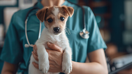 a vet holds a cute little puppy in her hands gently, providing tender care and comfort
 - obrazy, fototapety, plakaty