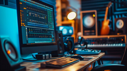 Music producing equipment in a home music studio - obrazy, fototapety, plakaty