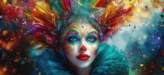 A vision of splendor and celebration, a masked reveler bedazzles the carnival crowd with feathers, glitter, and beads, pulsating with excitement