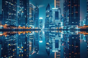 The photo showcases a breathtaking city skyline at night, beautifully mirrored in a crystal-clear body of water, Skyscrapers' kaleidoscopic reflection in the city river at nighttime, AI Generated
