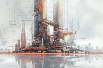 A lively painting capturing the bustling cityscape filled with tall architectural structures, Skyscrapers of the future layered with blueprints, AI Generated
