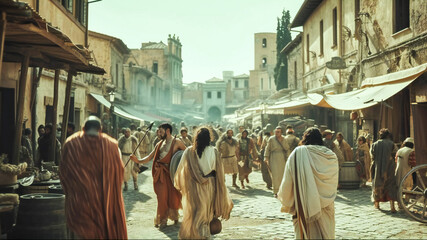 Ancient Rome street scene, with ancient Romans walking around