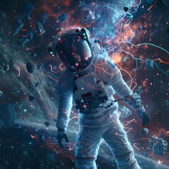 Fototapeta premium An astronaut floating amidst an electrically charged cosmos, with vibrant energy currents surrounding. It's a surreal depiction of spacewalks and cosmic energy. AI Generative
