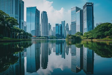 A photo capturing the urban landscape of a metropolitan city, showcasing a body of water surrounded by towering buildings, Skyscrapers overlooking the tranquil city waterfront, AI Generated - obrazy, fototapety, plakaty