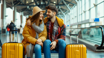 A happy couple sitting together at airport holding suitcases while smiling - obrazy, fototapety, plakaty