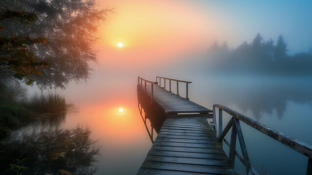 A misty morning over the lake with an old wooden bridge
