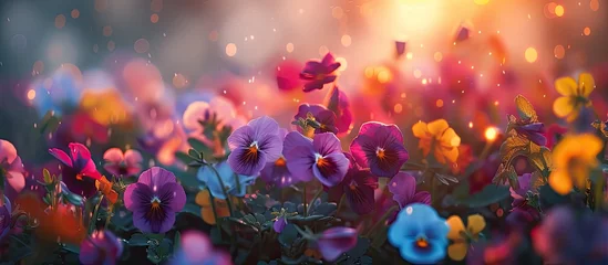 Fotobehang A cluster of vibrant pansy flowers with various colors, including purple, yellow, and white, bloom in a lush green grass field under the sunlight. © 2rogan