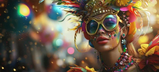 Photo sur Plexiglas Carnaval Draped in feathers, glitter, and beads, a masked reveler becomes the embodiment of carnival excitement, igniting joy in all who cross their path