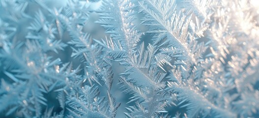 A mesmerizing close-up reveals delicate frost patterns intricately etched against a serene blue backdrop