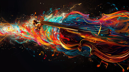Show musical notes flowing from an instrument, transforming into colorful waves of sound and...