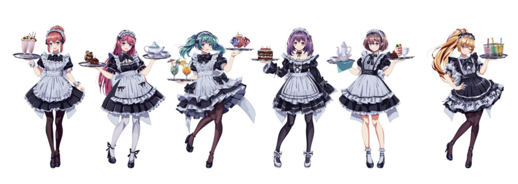 Pretty girls in maid cafe costumes color vector characters set. Cute anime women holding trays with cakes and drinks on white background