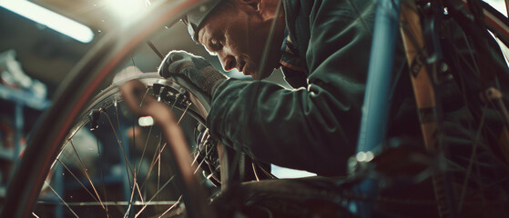 Intense focus as a craftsman fine-tunes a bicycle in a warmly lit workshop.