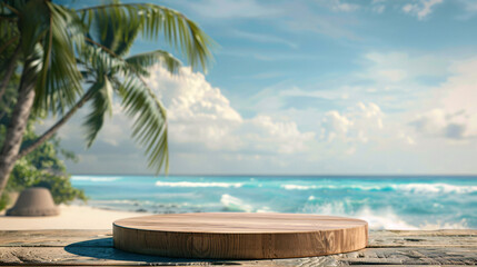 Wooden podium for product placement on the tropical beach background