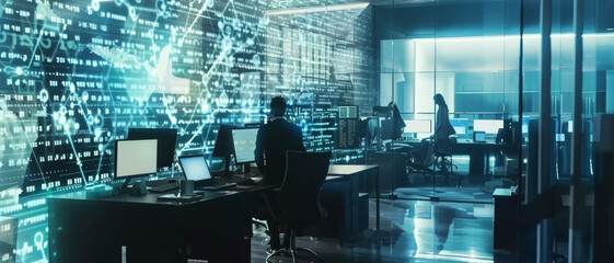 Silhouettes of professionals at work in a high-tech cybersecurity operations center.