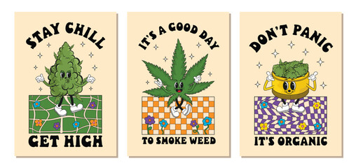 Collection of groovy retro marijuana, weed, cannabis, greender and bud posters. Cannabis culture. Set of posters with psychedelic drug characters. 70s, 80s, 90s hippie vibe. - obrazy, fototapety, plakaty