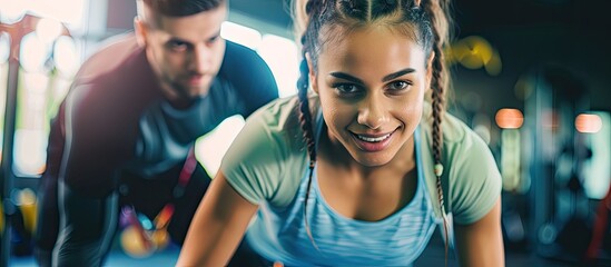 A young woman is seen exercising with the assistance of her trainer, a man, inside a gym. They are both focused on their workout routines, using various equipment and performing different exercises to