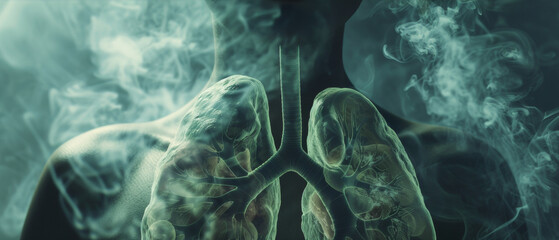 X-ray visual of human lungs enveloped in smoke, highlighting health risks.