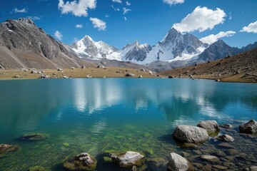 Majestic Lake Nestled Amidst Towering Mountains and Rock Formations, Snow-capped mountains with a crystal-clear lake, AI Generated