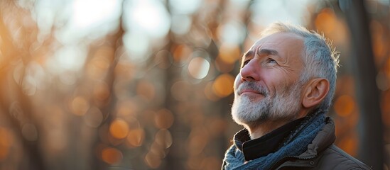 Fototapeta premium An adult man with a beard and jacket is standing outdoors, gazing upwards. He appears contemplative, possibly enjoying the fresh air in a natural setting to promote mental well-being and relaxation.