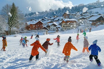 Group of Children Playing in the Snow at the Local Park, Snow-fight among children in a picturesque Swiss village, AI Generated