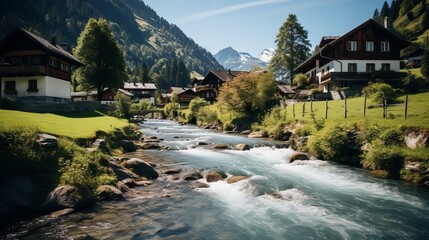 Fototapeta na wymiar Scenic Swiss River Landscape with Charming Houses, Canon RF 50mm f/1.2L USM Capture